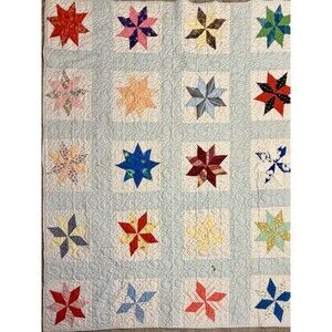 VTG Machine Stitched Star Flower Cotton Quilt 75 x 85 Color Block Full XL Twin